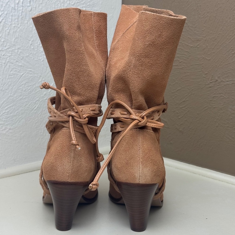 Schutz Portia Suede Ankle Boots Honey Peach Tan Leather Wrap Straps Size 6B - Picture 8 of 9